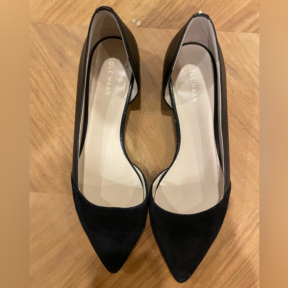 Cole Haan Women's Black Leather and Suede Pointy Flats, Size 7.5